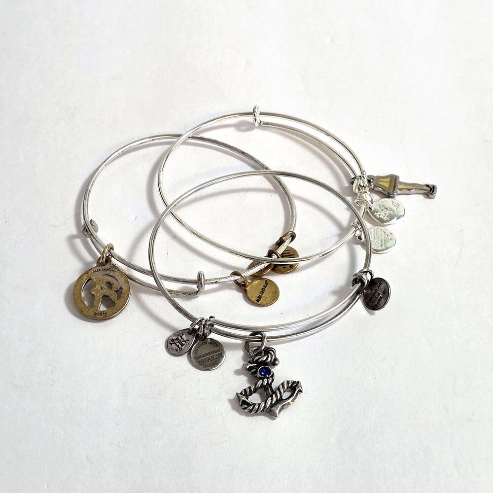 Lot of 3 Alex and Ani bracelets Shiny Silver anchor initial A leg lamp